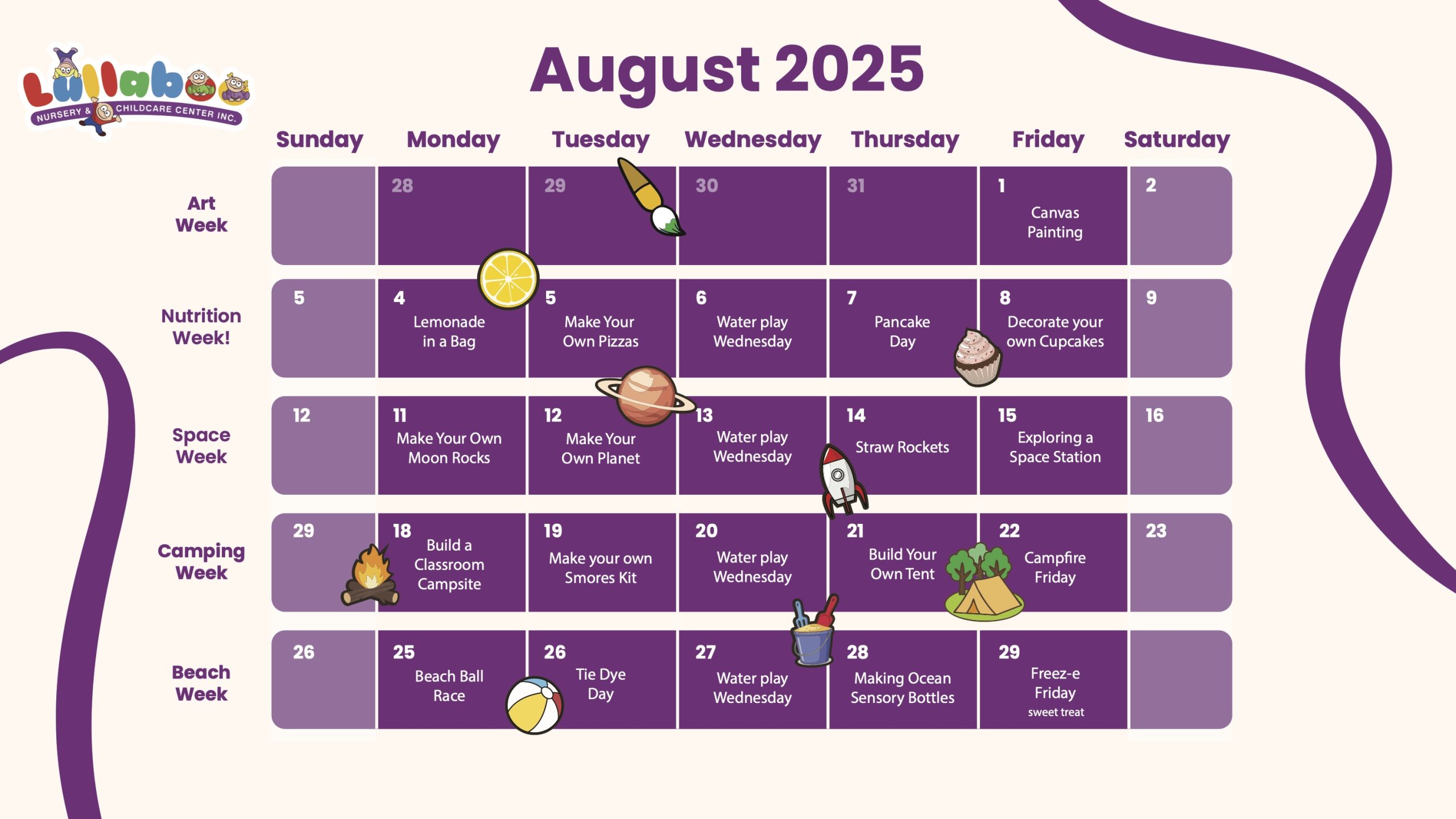 2025 Summer Camp Calendars August August 2025, Lullaboo summer camp Schedule