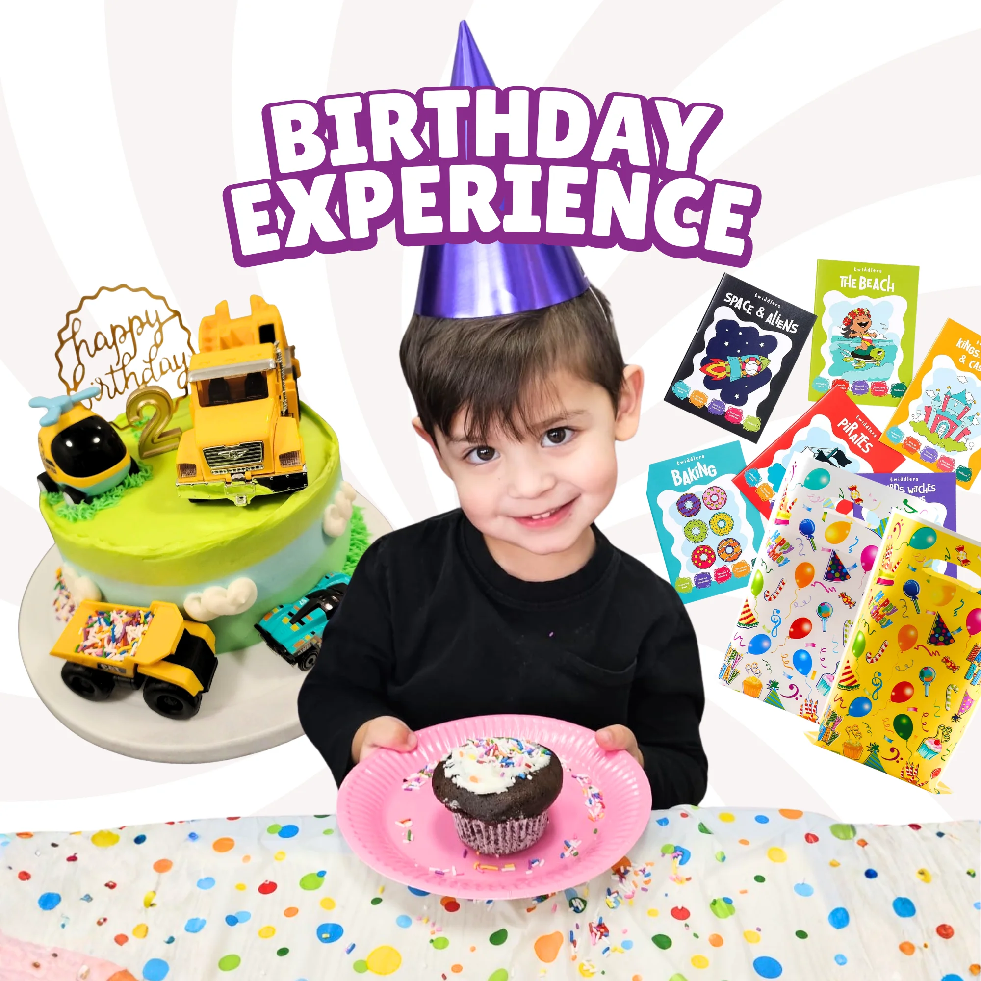 Birthday Package. Image of cake, boy with a party hat holding a cupcake on  a plate and loot bags to his right